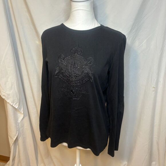 Lauren Ralph Lauren LRL Emblem Bling Black Long Sleeve Top Shirt Womens Designer - Picture 2 of 5